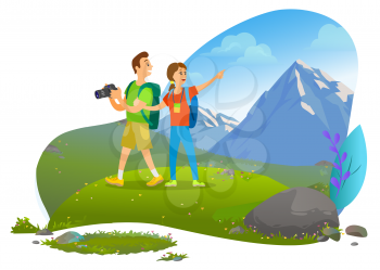 Hiking sport, hikers couple with backpacks and photo camera vector. Backpacking or camping, mountains wild nature, active pastime and outdoor activity. Mountain tourism. Flat cartoon