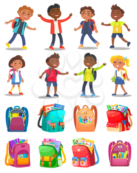 Pupils characters with backpack, school bag with notebook and pencil, paints and tassels. Smiling children, girl and boy student, classmates vector. Back to school concept. Flat cartoon