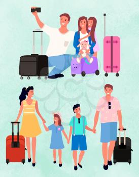 Happy family of parents and children traveling together. Summer vacation with suitcases. Group of people with luggage taking photos vector illustration. Famify weekend. Flat cartoon
