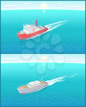 Steamboat marine transport vessels sailing in sea or ocean leaving traces in water. Transportation sailboats on skyline, speedboat floating vector icon