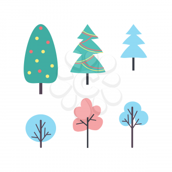 Set of winter trees icons vector. New year and Christmas plants, silhouettes of hand drawn oak and birch doodles. Decorated Xmas fir with garland