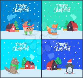 Merry Christmas animals and greeting posters with text vector. Fox wearing knitted sweater, reindeer with horns. Wolf with scarf and penguin with hat