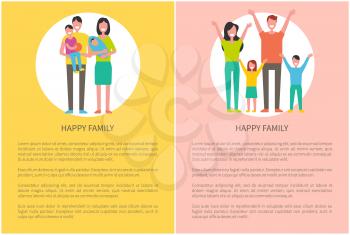 Happy family parents and kids. Mother holding newborn baby on hands, father with adorable son. Couple and children spending time together vector people