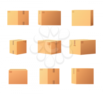 Package boxes for things isolated icons set vector. Cardboard containers for product storage, sealed with help of adhesive tape. Packaging and keeping