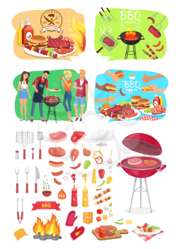 BBQ grill party time posters set isolated icons vector. Barbeque cooking people roasting beef meat on grid. Vegetables veggies and cutlery for picnic