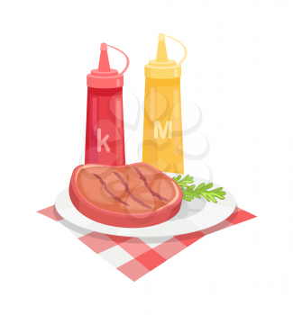 BBQ beef served on plate with herb and sauces isolated icon vector. Ketchup and mustard in plastic bottles roasted grilled beefsteak and fabric cloth