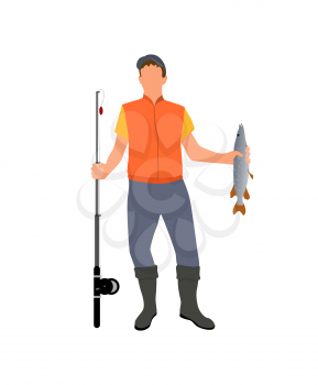 Adult man with catched fish isolated on white vector illustration of successful fisherman that holding professional fishing-rod and and keeping take