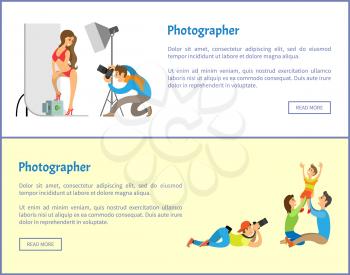 Studio photographer services Internet banners. Model in swimsuit and family portrait. Men with digital cameras taking photo vector illustrations.