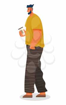 Hipster going with paper cup in hands. Guy hold and drink coffee. Man dressed in yellow shirt and brown pants. Person isolated on white background. Vector illustration of posing in flat style