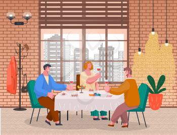 People have lunch or dinner in restaurant or at home. Friends spending time together with wine and food in cafe. Homelike interior, big window with beautiful cityscape. Vector illustration in flat