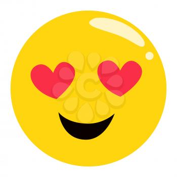 Romantic emoticon vector, isolated emoji with hearts instead of eyes. Character feeling love, facial expression in animation. Yellow head with lovely face smiling with romance flat style sticker