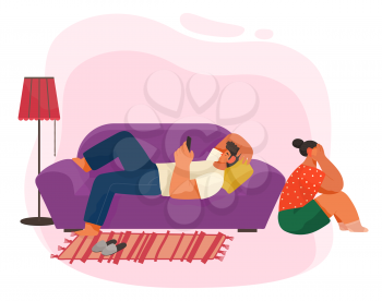 Guy play on smartphone and lie on violet sofa, couch. Woman sitting on floor and crying. Life of young couple with quarrel. Furnishing of living room like couch and carpet. Vector illustration in flat