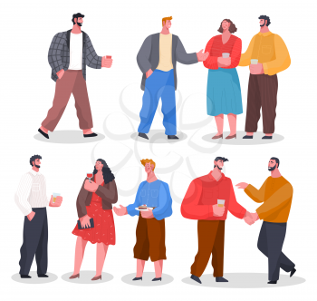 People have conversation on home reception. Men and women talking with each other on party. Friends spending leisure time together on banquet. People isolated on white background. Vector illustration