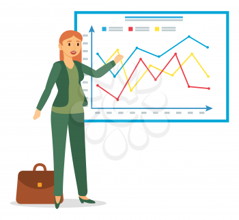 Pregnant woman stand near board with strategy graphic. Future mother working, explaining data chart on appointment. Businesswoman with belly work as analyst. Vector illustration in flat style