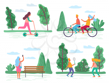 Set of people spending time outdoors, characters with hobbies and active lifestyle. Couple riding double bike, pair planning tennis in park. Female taking photos of forest, girl on scooter vector