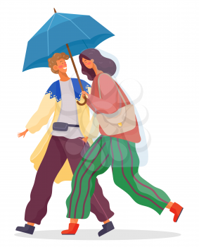 Young woman and man walking together under rain. People dressed in pants and cardigan. Person in waterproof cloth, raincoat hold umbrella in hand. Rainy autumn weather. Vector illustration in flat