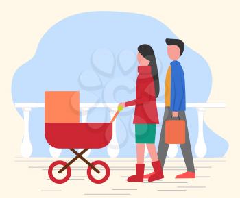 Mother and father with child in baby pram have walk in park. Parent roll pram with newborn inside, stroll on fresh air. Parents caring about kid, family together. Vector illustration in flat style