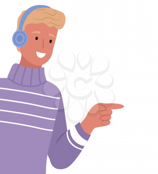 Male character with smile on face wearing winter clothes. Man in sweater and earmuffs on ears, pointing aside. People outdoors in winter season. Cold weather and warm clothing. Vector in flat