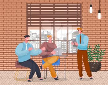 People discussing business idea by table with laptops. Characters on meeting thinking of company development. Seminar or informal briefing of men workers in boarding room. Vector in flat style