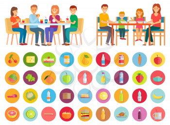 Family having dinner at home. Two pictures, healthy domestic and unhealthy junk meals. Mother and father, daughter and son eating together. Isolated icons of products. Vector illustration in flat style