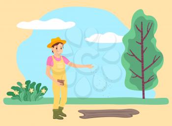 Farming female character holding seeds sowing ground. Personage wearing special protective clothing working on field. Young woman on farm with green landscape and clear sky. Vector in flat style