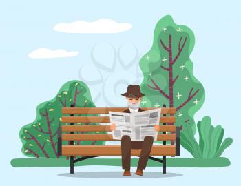 Old man sitting on wooden bench in park and reading newspaper. Newsletter with information to get known about news. Beautiful landscape with green trees and shrubs. Vector illustration in flat style