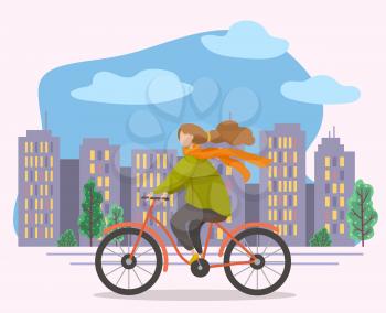 Female character riding bicycle on cityscape background. Woman leading active and eco friendly lifestyle. Personage on bike in city with skyscrapers and trees. Teenager in town, vector in flat