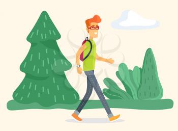 Teenage boy wearing glasses and carrying rucksack walking in pine forest or park. Male strolling outdoors with smile on face. Personage on weekends, fashionable guy on nature. Vector in flat style