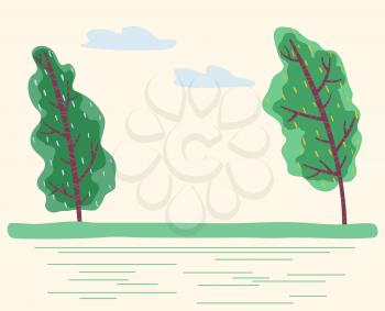Windy weather in forest with green trees. Bad conditions outdoors, summer or spring. Natural scenery with sky and grass. Environment with plants and and blowing wind. Vector in flat style illustration