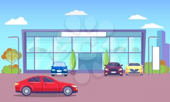 Office exterior with transport parked by headquarter. Modern city infrastructure and architecture. Cityscape with cars on roads. Townscape of business  center with automobile. Vector in flat style