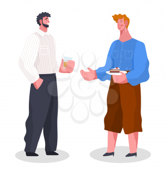 Conversation of people at home reception. Banquet or party with food and drinks. Friends spending leisure time together. Two men isolated on white background. Vector illustration in flat style