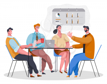Office workers talking on company problems and data analysis. Isolated characters discussing ideas. Statistics on project on whiteboard. Visualized info for business personages. Vector in flat style