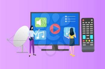 Users with tv set vector, people with innovative services, television for women, lady with satellite and buttons on monitor, playing icon flat style