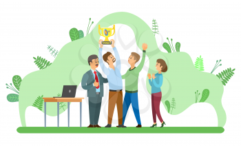 Man and woman winners, worker holding award, teamwork and target. Colleagues standing near desktop with laptop, professional partnership, win vector