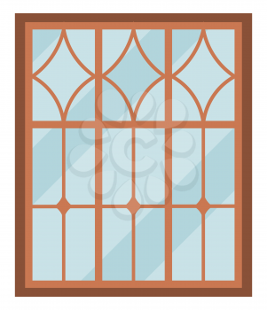 Square opening in wall at house, apartment or office. Brown wooden frame glazed, covered in transparent material. Basic element of interior. Isolated simple window with city view. Vector illustration