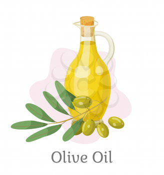 Glass vessel contains golden liquid inside. Branch with olives near bottle with viscous substance used in cooking and beauty industry. Olive oil good for hairs. Vector illustration in flat style
