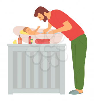 Father washing baby in bathtub, dad caring of newborn, parent and infant in bathroom, family character, hygiene of baby, parenthood and childhood vector