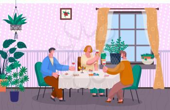 People drinking wine in living room. Husband and wife having home reception, meeting friends on weekends. Characters celebrating holidays together. Interior with plants and decor, vector in flat