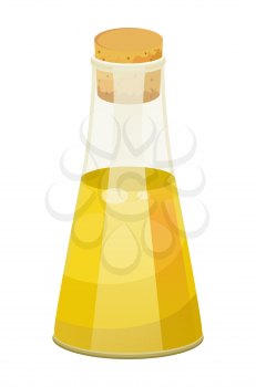 Glass bottle closed with bung with golden liquid inside. Vessel with viscous purified substance used for cooking or hair care. Vegetable, olive or sunflower, oil produced by plant. Vector illustration