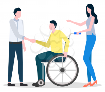 Disabled man sitting on wheelchair. Guys talking with each other. Woman assist handicap person with disability or injury. Socialization of paraplegic human. Vector illustration in flat style