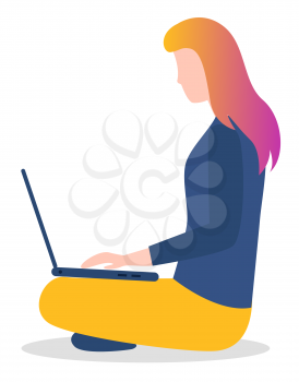 Woman character sitting and communicating with laptop. Side view of female using computer wireless device isolated on white. Person typing in pc gadget social network and media marketing vector