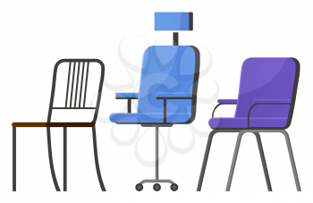 Chairs for home or office, collection of isolated armchairs for working or living space improvement, Comfortable seats for workers, furniture for interior design. Vector in flat style illustration