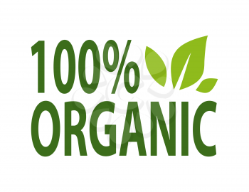 100 percent organic plant lettering and green leaves isolated logo design. Vector natural food, ecology clean products and dieting nutrition simple logotype