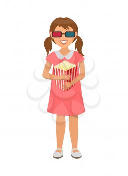 Girl holding popcorn vector, kid wearing 3d glasses to watch film, young lady eating snack with salt, child with ponytail hairstyle, person in cinema hall