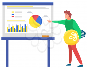 Man standing near statistics chart and looking ahead, lamp in hand. Business tools for innovations and cooperation. New idea. Vector illustration in flat style. Business meeting explanation of ideas