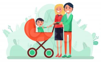 Family walking in park with child vector, man and woman with kid sitting in perambulator. Buggy for boy mom and dad caring for offspring baby flat style