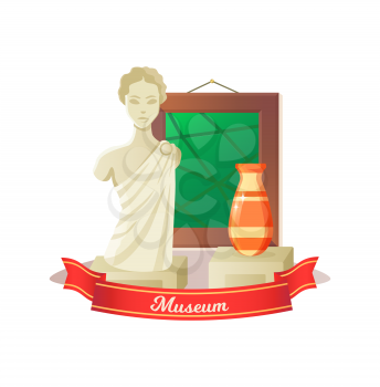 Museum historical or modern objects, sculpture portrait view of woman, vase and picture, stone architecture, gallery in frame and shiny bowl vector