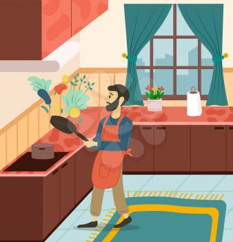 Man wearing apron cooking vegetables and eggs in kitchen. Smiling male standing near stove throwing up frying pan with products. Interior view of culinary room with cupboard and window vector