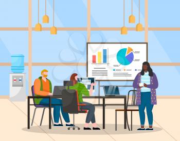 Office meeting of characters dealing with company business and development of organization. Boss and employees with laptops analyzing information on whiteboard. Vector in flat style illustration