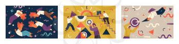Set of three pictures about cooperation. Teamwork of people that completing puzzle or supporting each other. Geometric ornaments and shapes on poster. Vector illustration of team in flat style